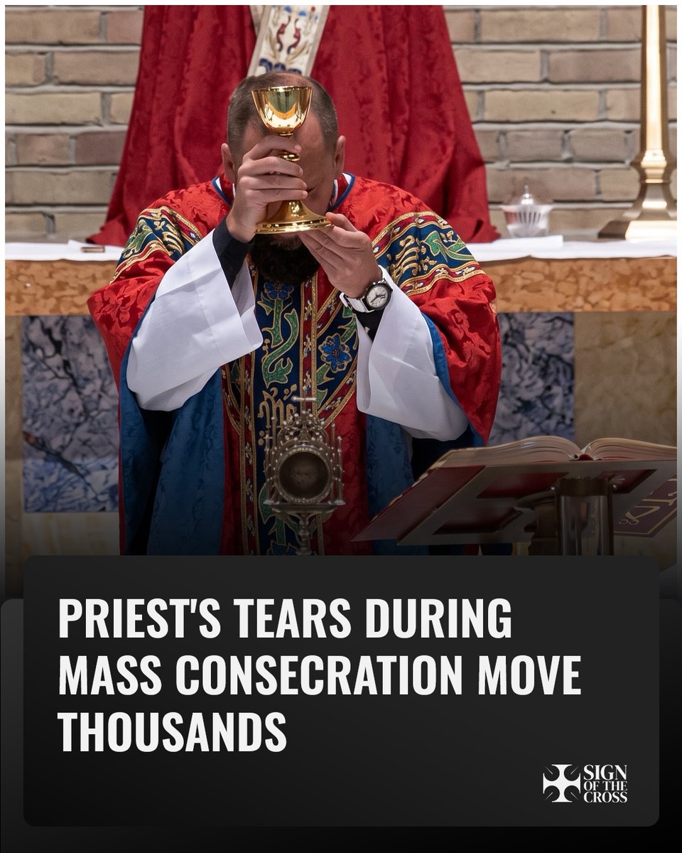 CatholicSOTC's tweet photo. WATCH: A priest began crying after consecrating the Precious Blood at Mass. 

He said he received a special grace of "knowing on a deeper level that truly Christ's Blood was shed for us."

https://t.co/ztAVDAeLYH https://t.co/oNXsG27YZm
