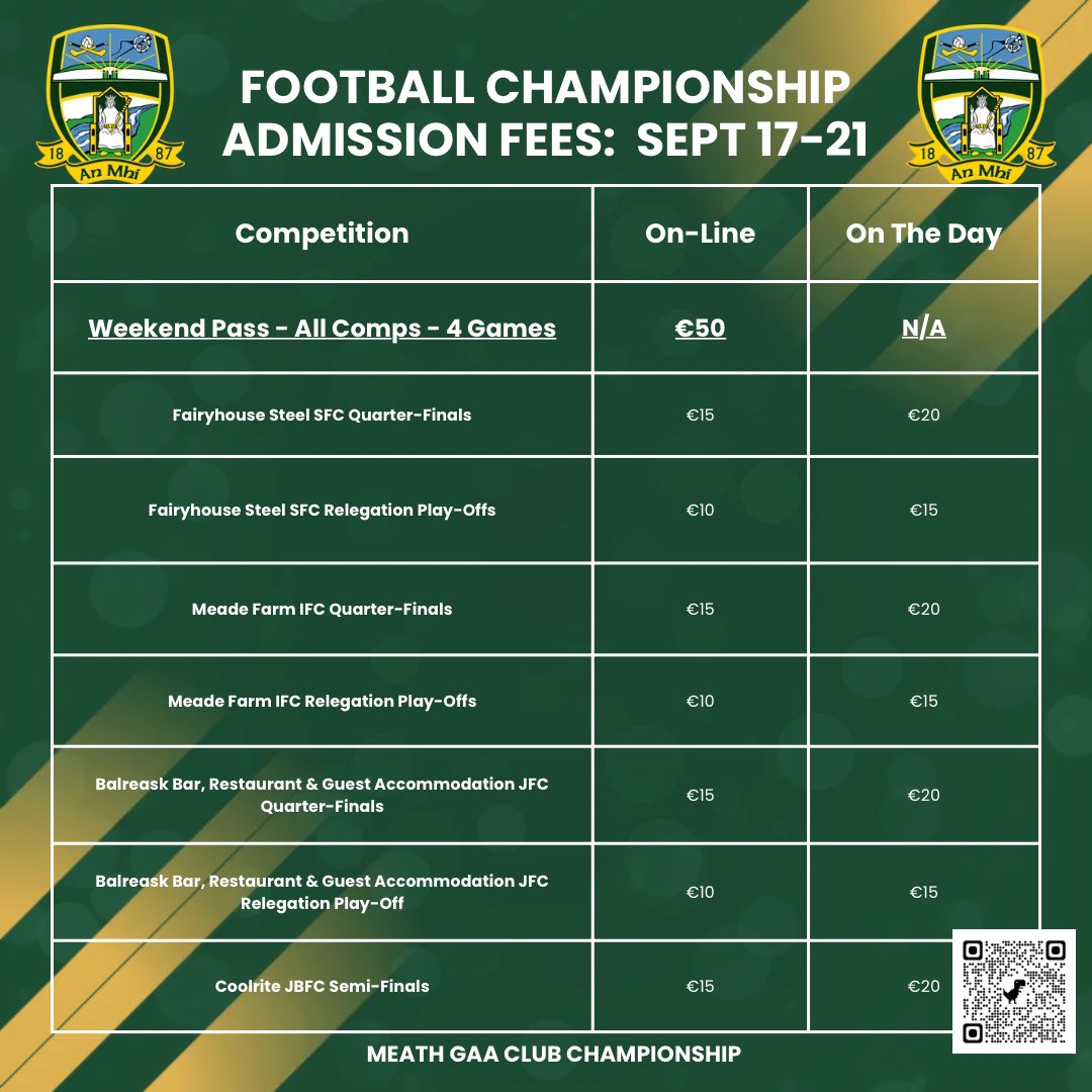 MeathGAA's tweet photo. Please note the Admission Fees for this weekends games for the knockout games in the Football Championships as well as the Relegation Play-Offs.

There is also a Weekend Pass in operation which gives 4 games for €50. 

The Weekend Pass & all individual match tickets are available via https://t.co/iJCLnp6mwg

#MeathClubChamp26 #HistoryCalls