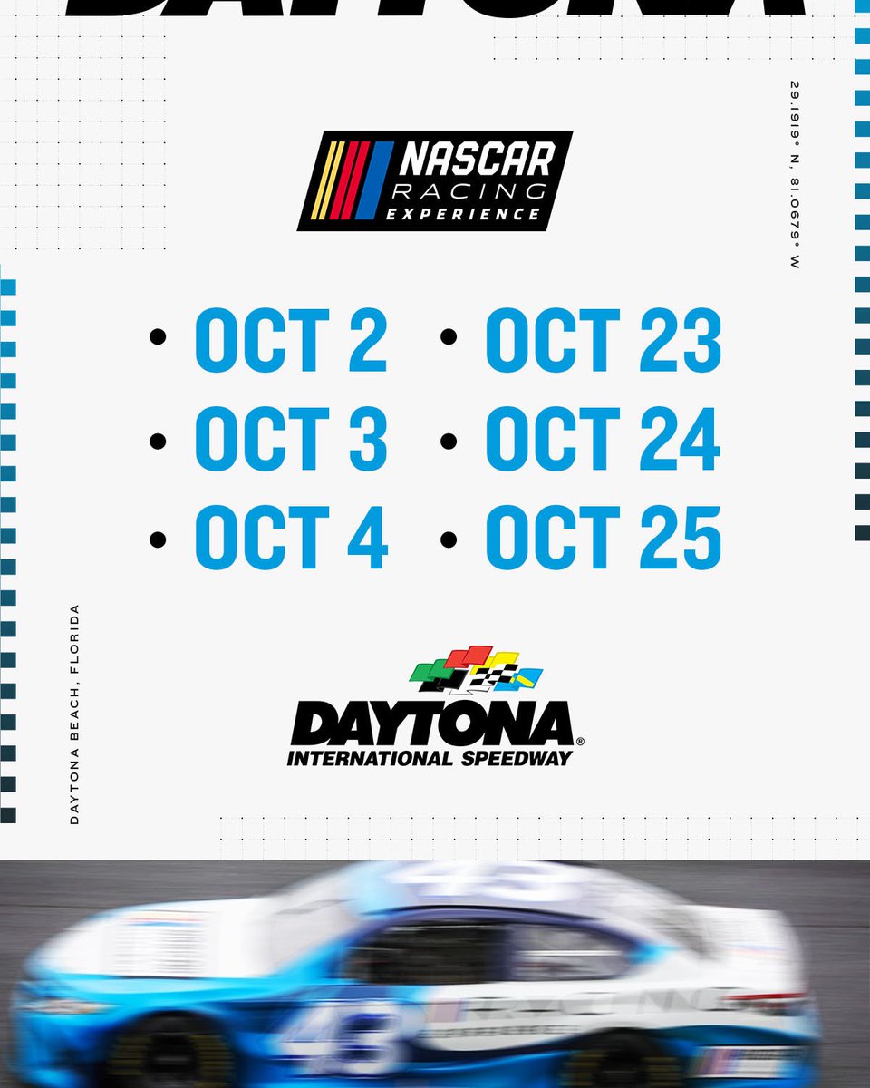 DAYTONA's tweet photo. This is more than an experience - it’s the thrill of racing on NASCAR’s most legendary track! Drive a real NASCAR race car or ride along at full speed at DAYTONA this October.

Book now ➡️ https://t.co/GNJvFodvCh https://t.co/vOB0ypWK0v