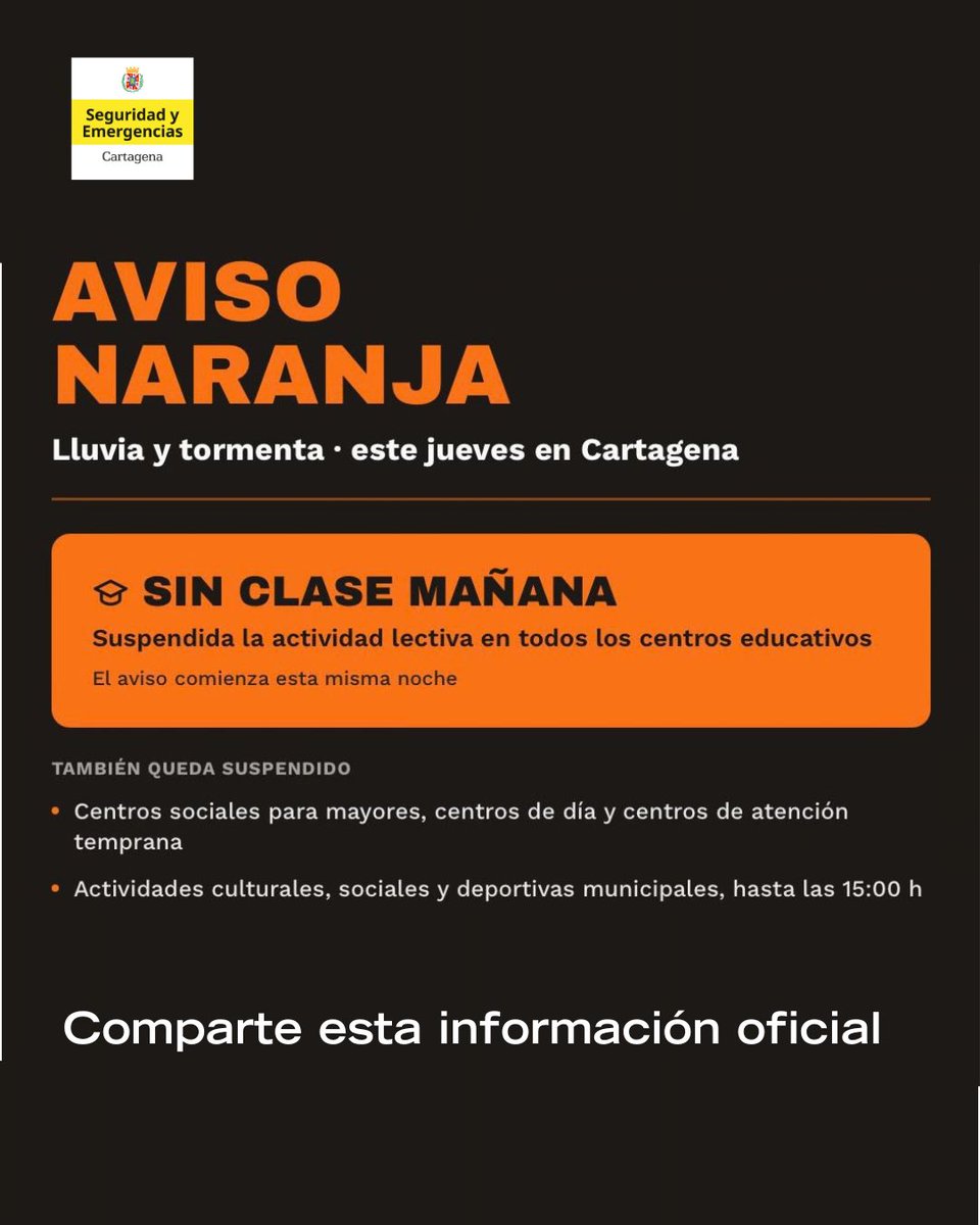 EmergenciasCT's tweet photo. (I)🏫 SUSPENDIDAS LAS CLASES ESTE JUEVES 17

⚠️ La actividad lectiva y no lectiva 🎒 en los centros educativos de #Cartagena queda suspendida hasta las 15 h este jueves ante el aviso naranja por lluvias y tormentas. https://t.co/pBEL54GkR6