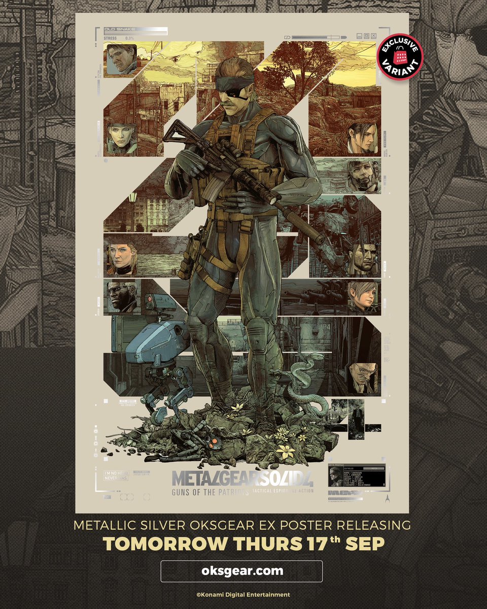 jakekontou's tweet photo. OKSGEAR Exclusive❗️METAL GEAR SOLID: MASTER COLLECTION Vol.2 Metallic Silver Posters are available TOMORROW, Thursday 17th SEP at 10am PST via https://t.co/Mh88nrG5pL 📦🐍 @oksgear 

Art by Krzysztof Domaradzki and @jakekontou via @apollodrops 🚀

Officially licensed by @konami https://t.co/ZVdnBAgXvE