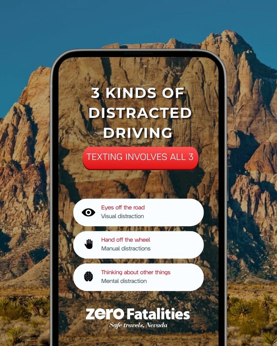 ZeroFatalsNV's tweet photo. Your phone can wait. The road can't.

Distracted driving can happen when your eyes, hands, or mind aren't focused on driving. Put the phone down, stay present, and give yourself the best chance of getting home safely. 🚗💙 https://t.co/1fIH7iLBbS