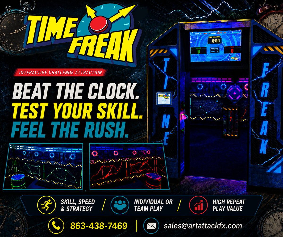 artattackfx's tweet photo. TimeFREAK brings fun, fitness, and competition together in one fast paced interactive attraction! Guests race against the clock solo or in teams through challenges that test skill, speed, and strategy, with repeat play built in! #InspireBuildGrow #FEC #Theming #TimeFREAK https://t.co/izoYDP8Va9