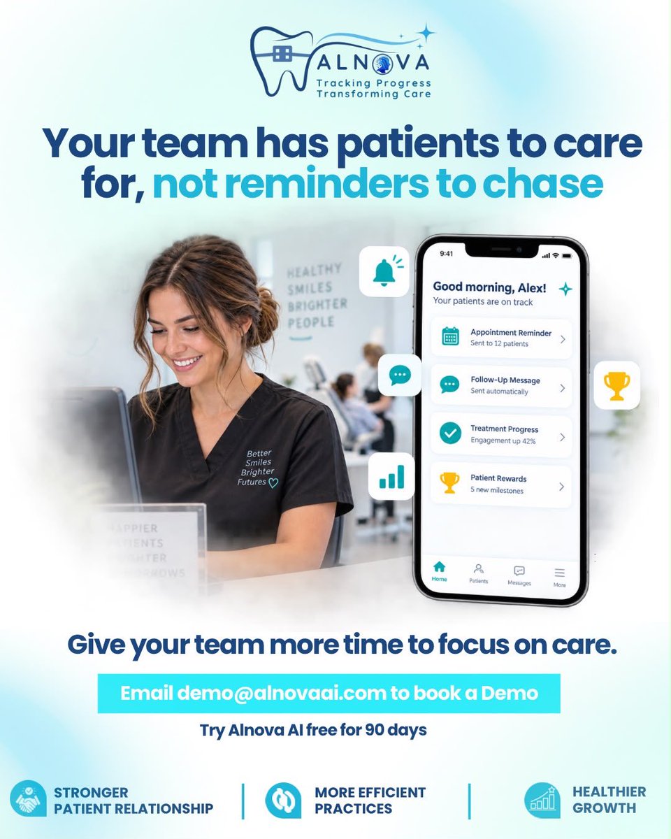 AlnovaDental's tweet photo. Your team has patients to care for.
Not reminders to chase.

Alnova AI automates reminders, follow-ups, treatment progress &amp; patient engagement, so your team can spend more time where it matters: caring for patients.

🎯 Try it FREE for 90 days.
📩 demo@alnovaai.com

#AlnovaAI https://t.co/kI2D8Uanrd