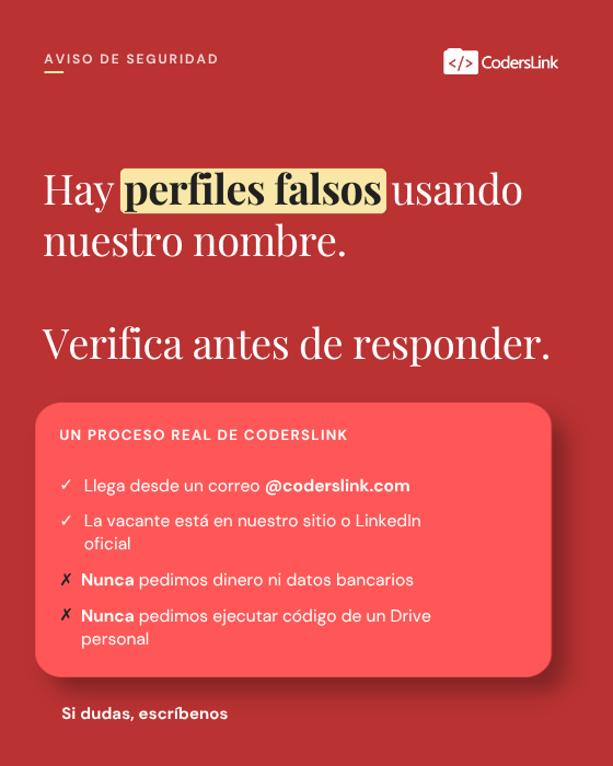 coderslink's tweet photo. Detectamos perfiles falsos utilizando el nombre de CodersLink para contactar a developers.

Si alguien dice ser parte de nuestro equipo, verifica su identidad antes de descargar archivos, ejecutar código o realizar pruebas técnicas.

🔐 Aviso oficial:
https://t.co/wmrCKdcVvK https://t.co/uHWqJWqrYv