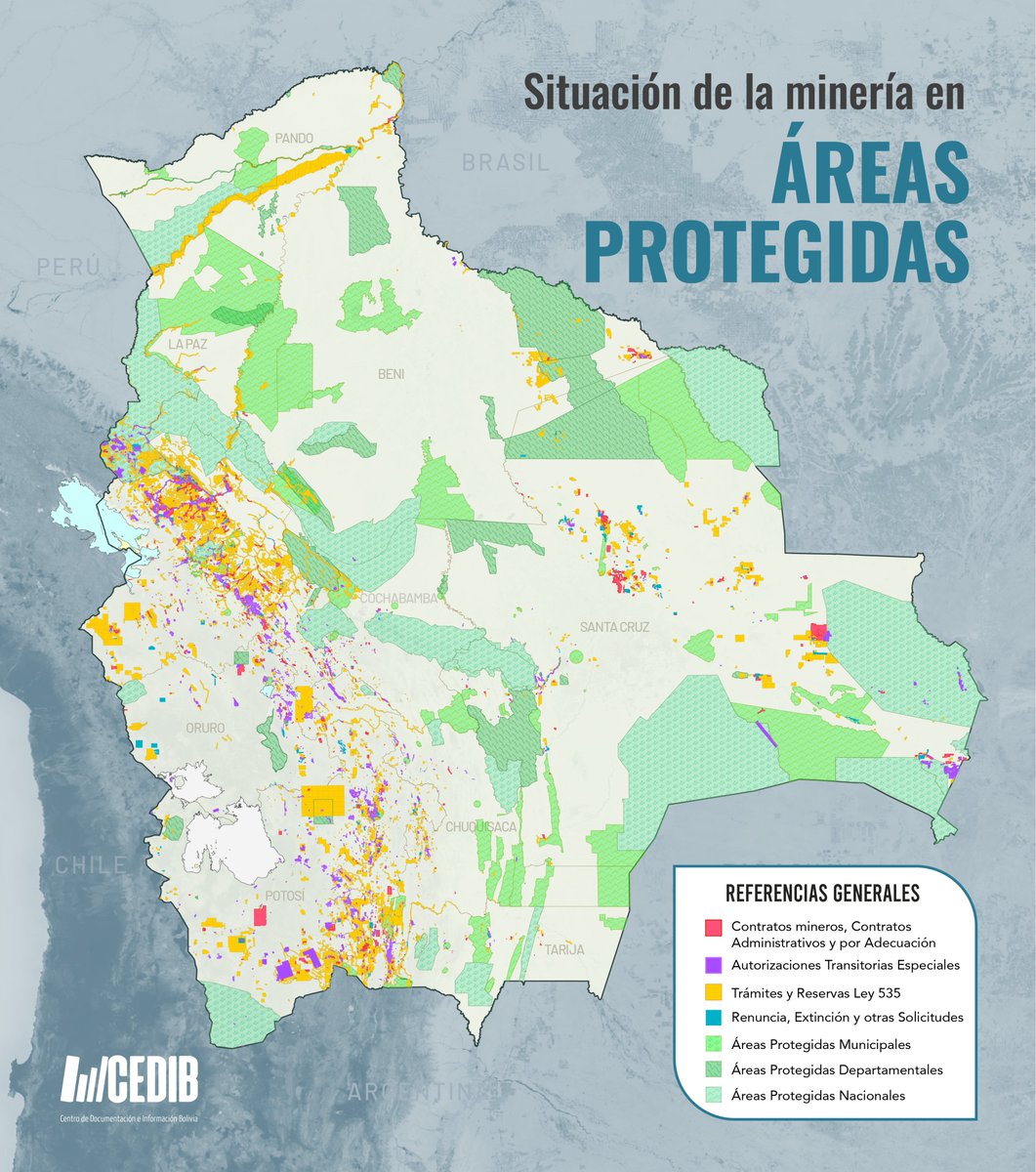 cedib_com's tweet photo. ¿Hasta dónde está llegando la frontera minera #Bolivia?
La otorgación indiscriminada de derechos #mineros, junto a actividades mineras existentes, generan impactos y amenazan espacios destinados a conservar ecosistemas.
Presentamos el primer mapa de dos para dimensionar su avance https://t.co/Al945oSaGp