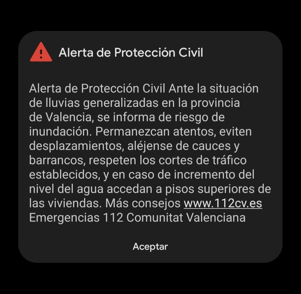 VOSTcvalenciana's tweet photo. ‼️ALERTA DE PROTECCIÓN CIVIL. 
Ámbito: provincia de #Valencia. 
Motivo: #lluvias intensas que pueden producir inundaciones. 
⚠️ Sigan las instrucciones de @GVA112 
📲Ante una emergencia llame a 1️⃣1️⃣2️⃣ https://t.co/M1bVH1k1Eu