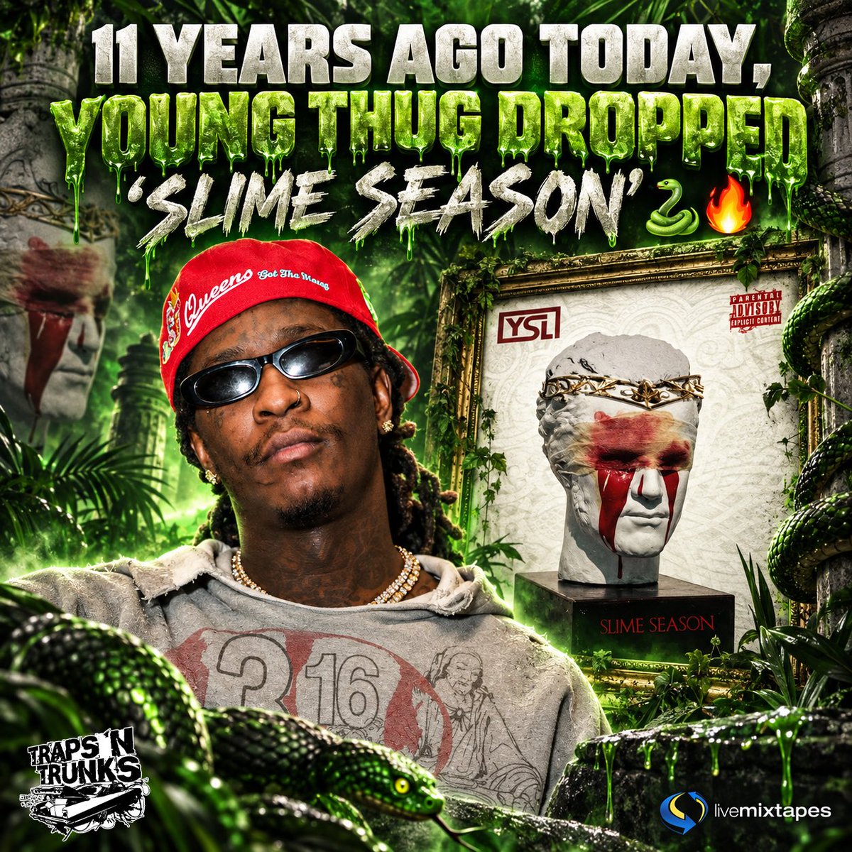 trapsntrunks's tweet photo. 11 years ago today, Young Thug dropped Slime Season on September 16, 2015 — one of the projects that helped define his run and influence a whole generation of trap music. 🐍🔥

The 18-track mixtape was loaded with records like “Best Friend,” “Power,” “Again,” “Take Kare” featuring Lil Wayne, and “Quarterback” featuring Quavo, Offset & PeeWee Longway. Production came from names including London On Da Track, Metro Boomin, Southside, Sonny Digital, WondaGurl, Wheezy and more. 🎹💿

A decade later, songs from this tape still hit like they just dropped.

🐍 What’s the BEST song on Slime Season?
🔥 And where does this rank in Young Thug’s catalog?