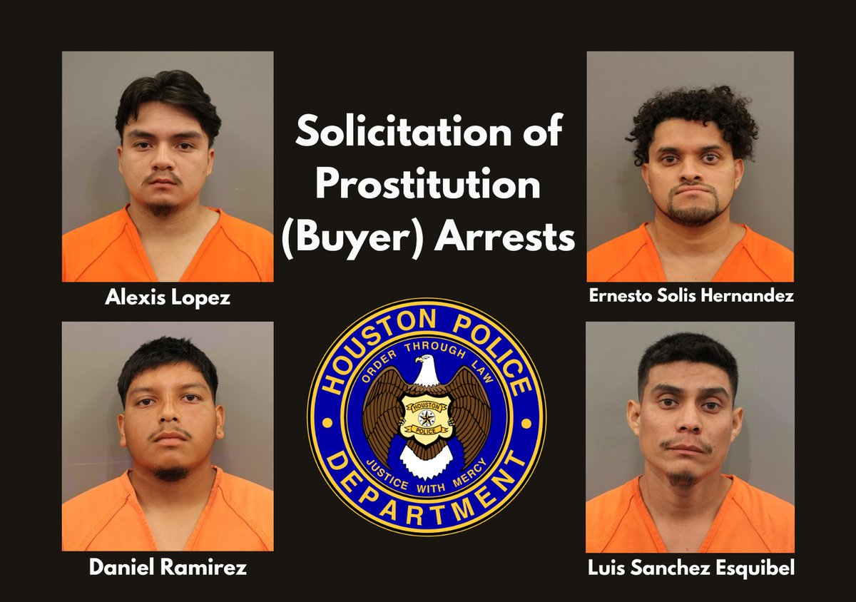 houstonpolice's tweet photo. Recently, HPD Vice Division conducted a proactive prostitution operation in Northeast Houston, resulting in the arrest of four individuals for felony prostitution (buyer). https://t.co/v1wZ1wLoLu