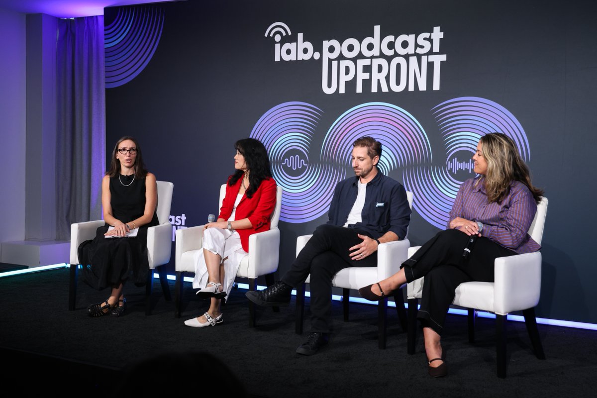 iab's tweet photo. After lunch, #IABPodcastUpfront turned to fandom, storytelling &amp; video: @AudacyCorp explored @MatthewBerryTMR’s community, @WNYC marked 25 years of @Radiolab, @Consumable shared visual audio ad research, and Jomboy Media, YouTube, Spotify &amp; Airwave Media looked ahead. https://t.co/xmIFnqdqi9