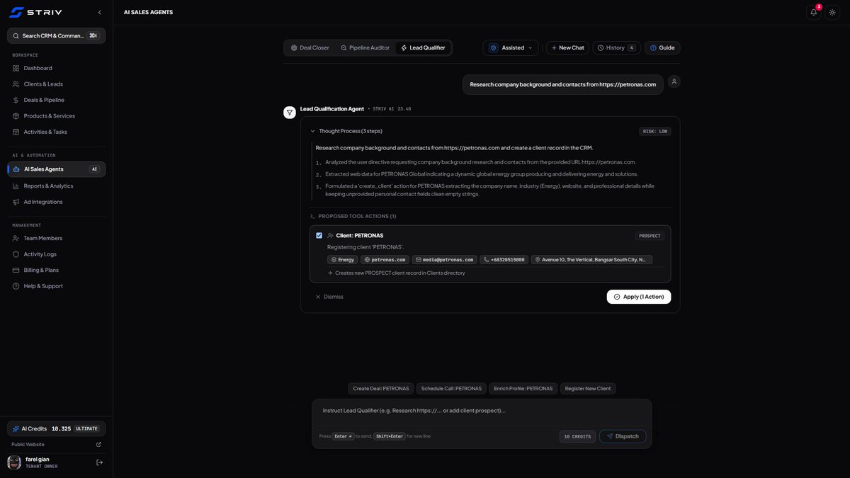 farelgian_'s tweet photo. just added this to striv crm.

you literally just paste a company URL and the agent digs up their email, phone, address, and creates the lead for you.

no more copy-pasting from "about us" pages.

https://t.co/ZEBifJDIqK

#buildinpublic #AI #indiehackers https://t.co/zUJbG4EKpx