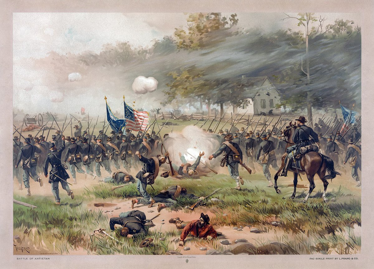 URDailyHistory's tweet photo. 17 Sept 1862: The Union army, led by General George McClellan and his Army of the Potomac, defeats Confederate General Robert E. Lee's Army of Northern Virginia at the Battle of  Antietam. The battle is also known as the Battle of Sharpsburg, especially in the South. It is the bloodiest battle in U.S. history resulting in 22,000 casualties. Though not a decisive battle, when news reached British Prime Minister Lord Palmerston it cooled his idea of mediating an end to the war. #History #OTD #ad https://t.co/B4aADpkepe