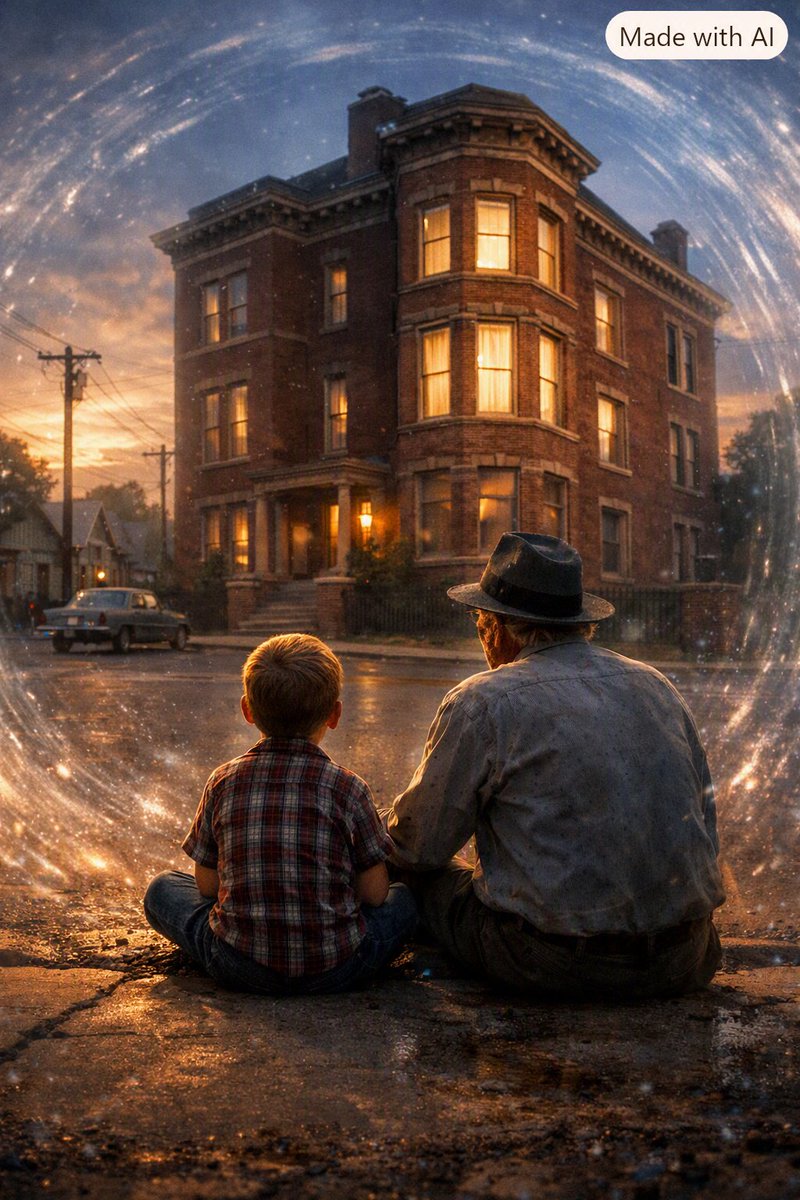 JKTalla's tweet photo. Father and Son https://t.co/QfiPTeZvFb

The story follows an old man who mysteriously travels back to 1955 and encounters a young boy—who turns out to be his father as a child. The boy is staring at a large brick house, lost in thought, when the old man approaches. Their interaction is surreal, almost dreamlike, with the boy speaking cryptically and the old man aging rapidly as they sit together.