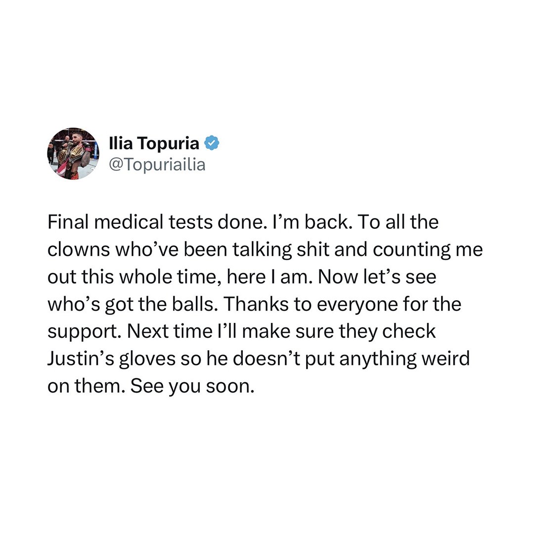 ChampRDS's tweet photo. 🚨 Ilia Topuria just got his final medical tests done and says he's back 👀

He also says he'll make sure to check Justin Gaethje's gloves to make sure they aren't loaded with anything "weird" 😬

"To all the clowns who’ve been talking sh*t and counting me out this whole time, here I am. Now let’s see who’s got the balls."