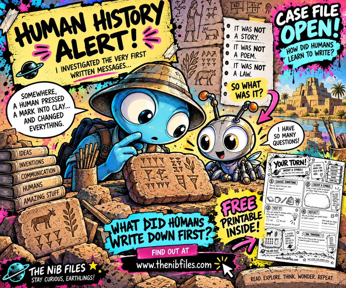 TheNibFiles's tweet photo. The first thing humans wrote down was not a story.
It was not a poem.
It was not a law.
And honestly? The real answer is much weirder than Spot expected. 👀
🛸 Read the new Nib Files mystery for curious kids. 

https://t.co/nnRnAvInvX

#HistoryForKids #TheNibFiles https://t.co/QIQZ85F3T0