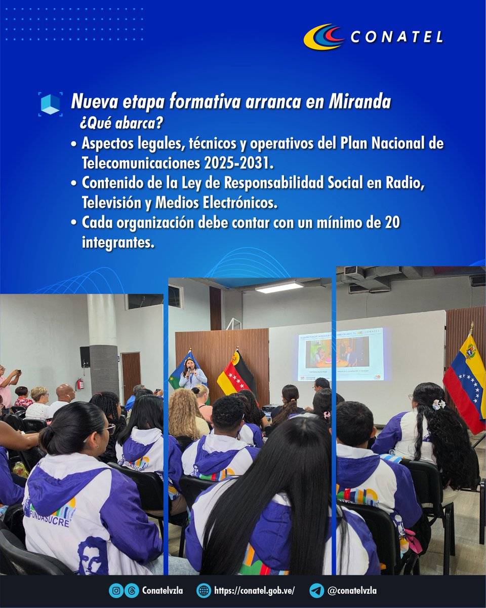 Conatel's tweet photo. Impulsados por el artículo 12 de la Ley Resorteme y el Eje N° 4 del Plan Nacional de Telecomunicaciones 2025-2031, enmarcado en las 7 Transformaciones, continuamos una nueva etapa formativa desde el estado Miranda. https://t.co/9c5dXSoVeH