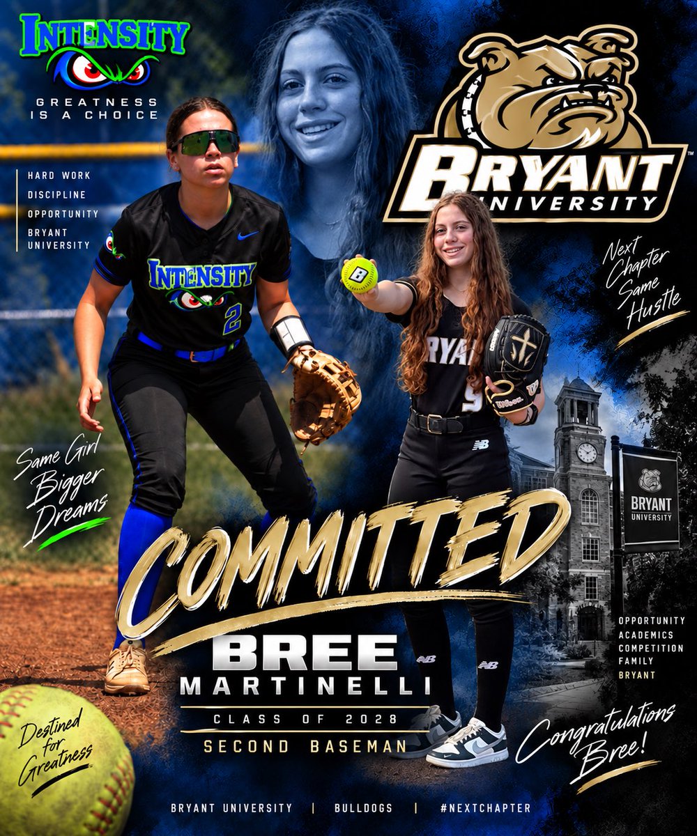 Intensity16uBOD's tweet photo. 💙💚 COMMITTED! 💚💙

Congratulations to Intensity 16U BOD Premier’s Bree Martinelli on her commitment to continue her academic and softball career at Bryant University! 🐾💛

Bree, your hard work, dedication, and passion for the game have earned you this incredible opportunity. We are so proud to watch you take this next step and begin your next chapter as a Bulldog! 🥎

From the Intensity family to Bryant — we couldn’t be more excited for you! 💙💚

#dreambig #intensity #greatnessisachoice