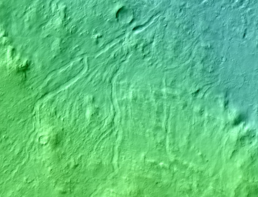 CJHandmer's tweet photo. This is the first part of Mars (NW of Gale) where I saw super resolution DEM structure including these ancient gullies. Now I can toggle to the hydrology simulation and see why the gullies just stop - the flowed into an ancient lake. I've been working on this for over 10 years and still get goosebumps sometimes.