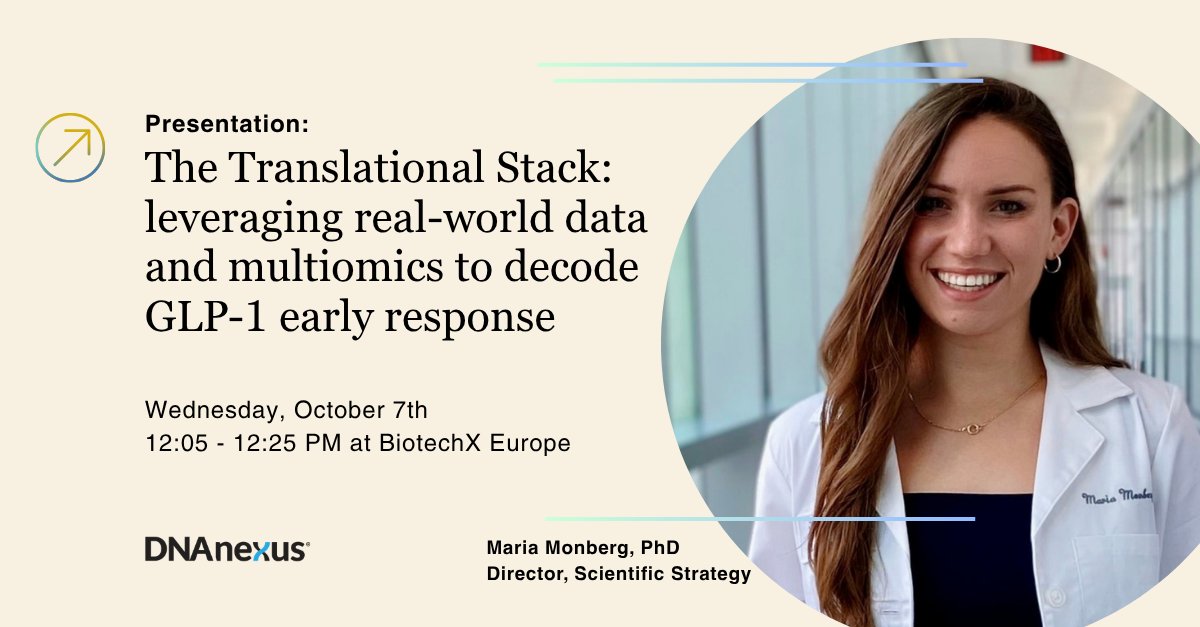dnanexus's tweet photo. Why do some patients respond to #GLP1 therapies early and others don't?
At #BiotechX Europe, Maria Monberg, PhD, walks through our translational stack that lets pharma teams leverage AI, #multiomics and clinical data to identify early responders. RSVP: https://t.co/23JO1dKTJq https://t.co/kVFOLl6Neq