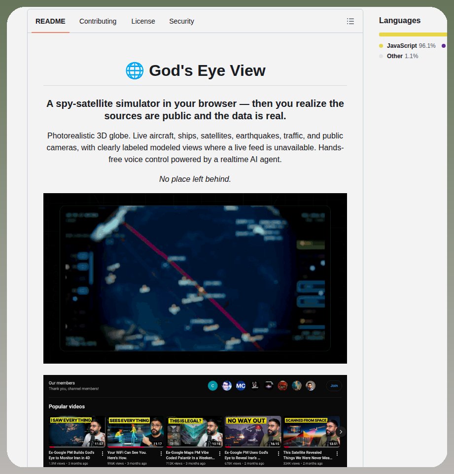 tom_doerr's tweet photo. God's Eye View combines public flight trackers, maritime signals, and orbital data into a single interactive 3D globe.

https://t.co/z9sKTBbxuW https://t.co/U84NyNUKnx