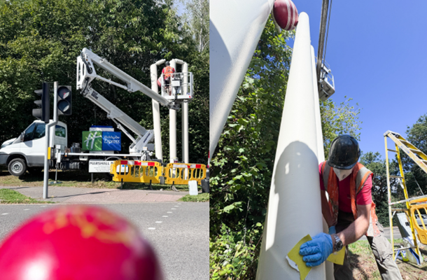 EastleighBC's tweet photo. Landmark cricket stumps restored at Utilita Bowl entrance.  https://t.co/hGiNmKmVyZ https://t.co/X5YzFHjvEQ