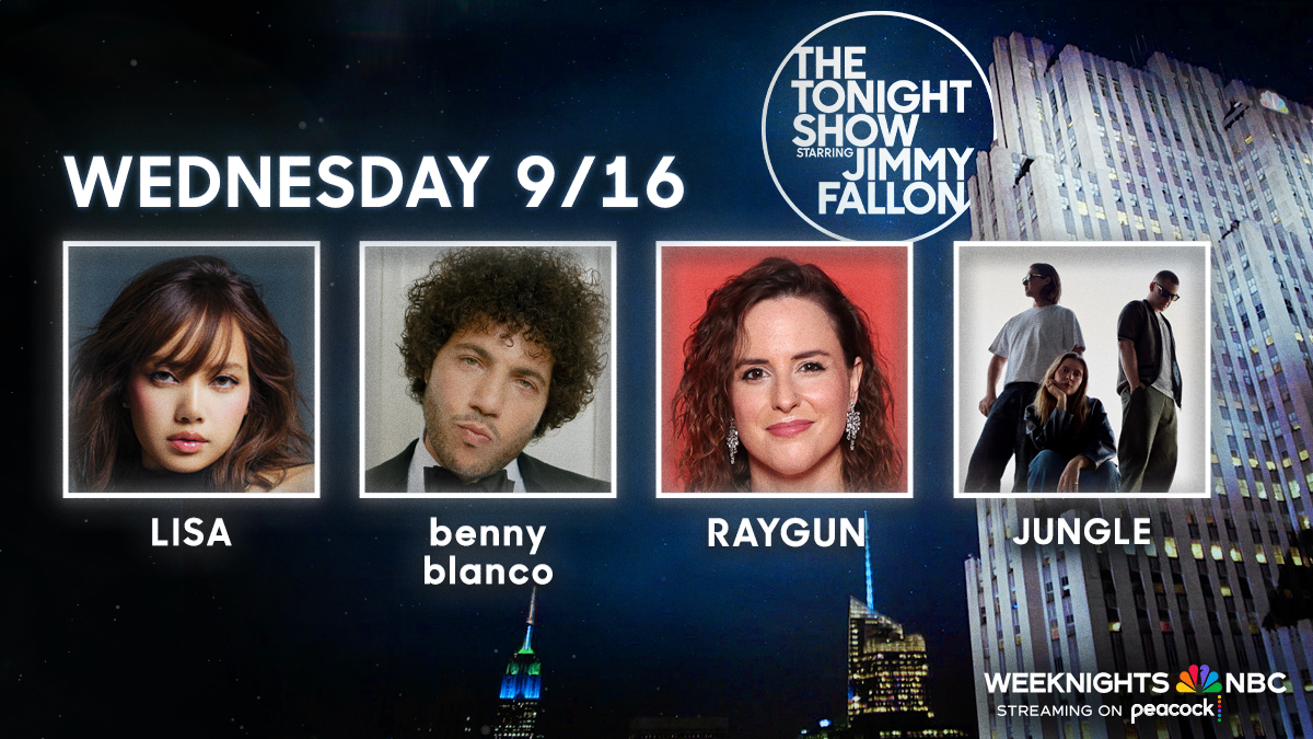 FallonTonight's tweet photo. Tonight’s lineup! ⬇️

🌟 LISA
📖 @ItsBennyBlanco
🎶 Raygun
🎤 Performance from @jungle4eva

#FallonTonight https://t.co/6qBjBuir4A