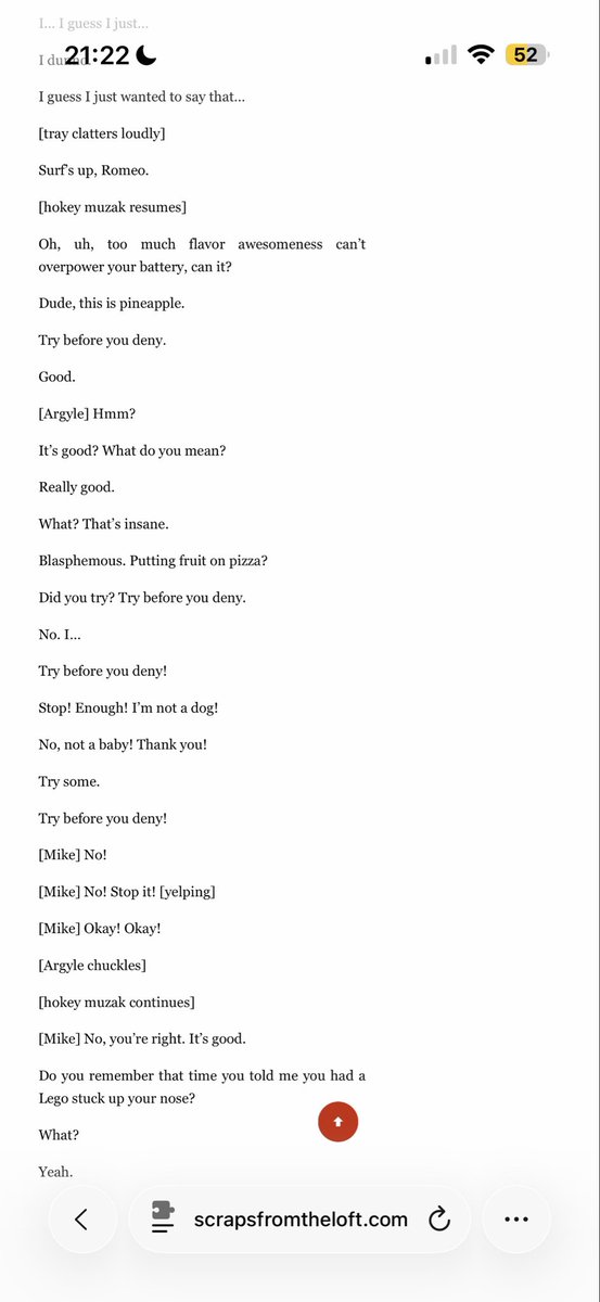 prosefiend's tweet photo. @paladinscarr that's okay! here's the script for the piggyback. (ofc mike ended up liking the blasphemous fruity pizza) https://t.co/edMC3mxiq2