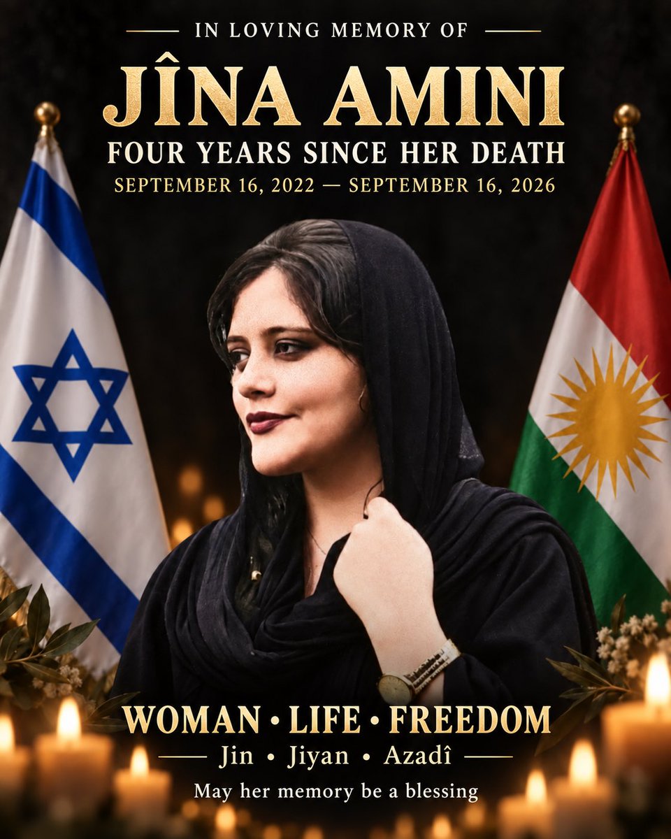 yby4040's tweet photo. Four years since Jîna Amini, a 22-year-old Kurdish woman, died from violence in Iranian morality police custody.

Her name means “life.” From Israel, I stand with the Kurdish people and women fighting for freedom.

Woman, Life, Freedom.

#JinaAmini #WomenLifeFreedom https://t.co/dNy5KiYeyd