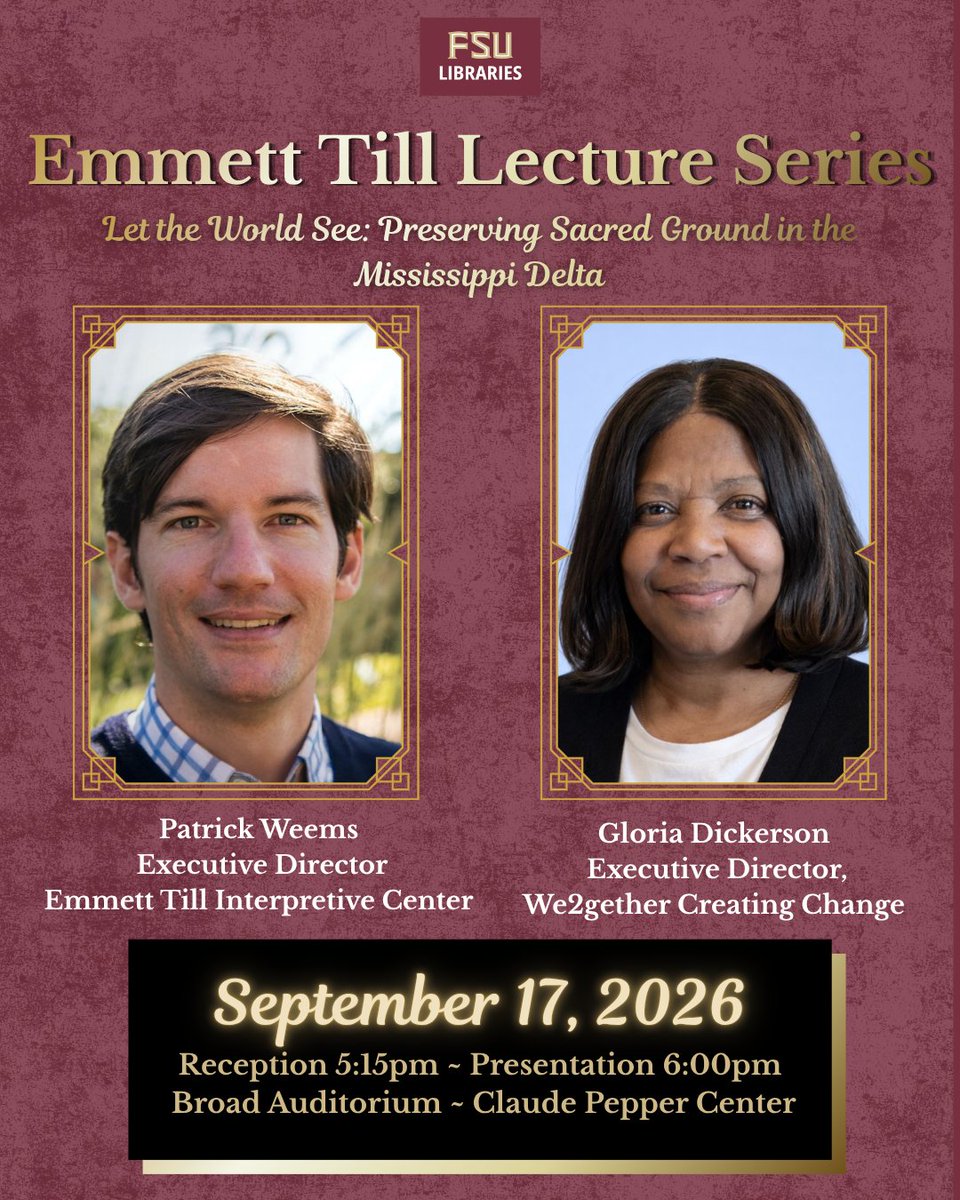FSUCCI's tweet photo. Join @fsulibraries tomorrow for a discussion on the efforts to preserve and document sites connected to the memory and legacy of Emmett Till. They will discuss the challenges and responsibilities of confronting difficult histories and the impact of the Emmett Till case. https://t.co/R9u1SfathD