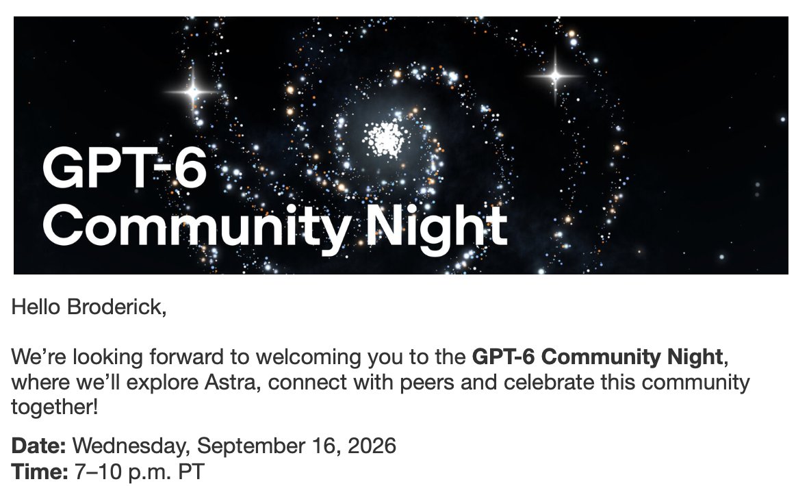 broderickhigby's tweet photo. Who else is going to GPT-6 community night tonight? Would love to meet up! @ChatGPT @sama https://t.co/eV1YaJlTNn