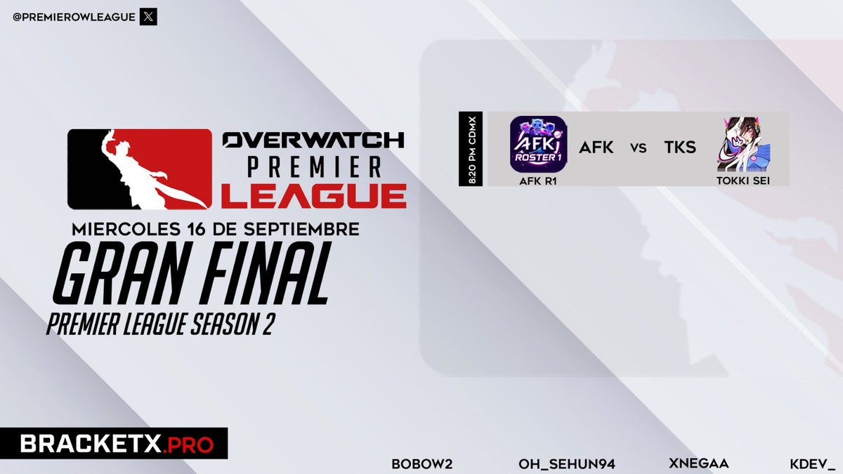 PremierOwLeague's tweet photo. ¡HOY DÍA DE LA GRAN FINAL!

¿Habrá bicampeonato de Tokki Sei o El líder general de la tabla hará valer su jerarquía?
¡No te lo pierdas!

AFK vs TOKKI SEI 🗓️ 8:20 PM GMT-6  

https://t.co/5CDeBqmHn1

#Overwatch #OwPremierLeague https://t.co/YoBa60IKW4