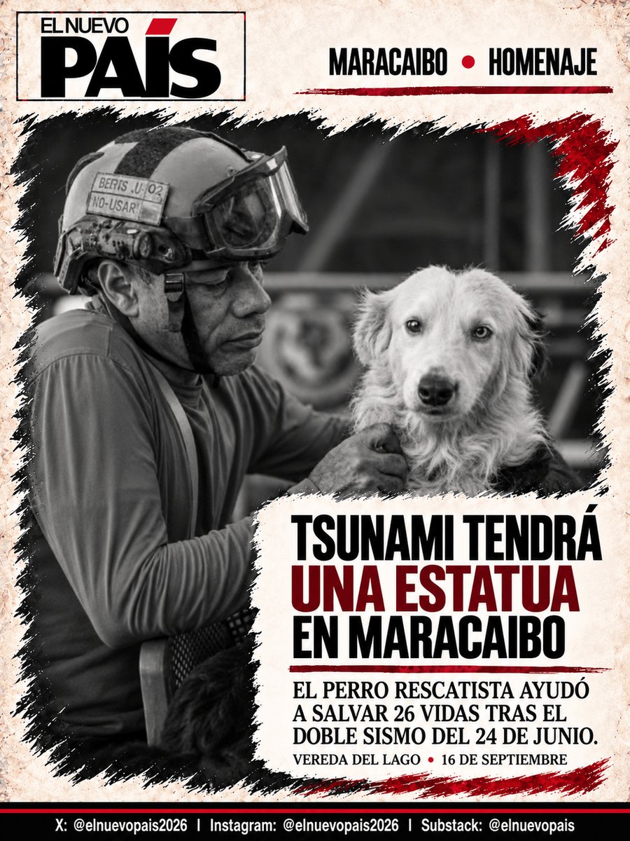 ElNuevoPais2026's tweet photo. Maracaibo rendirá homenaje a Tsunami con una estatua en la Vereda del Lago. La develación está prevista para este miércoles 16 de septiembre, a las 5:30 p. m.

El perro de búsqueda y rescate ayudó a salvar 26 vidas tras el doble sismo del 24 de junio. https://t.co/kB4A33rUIo