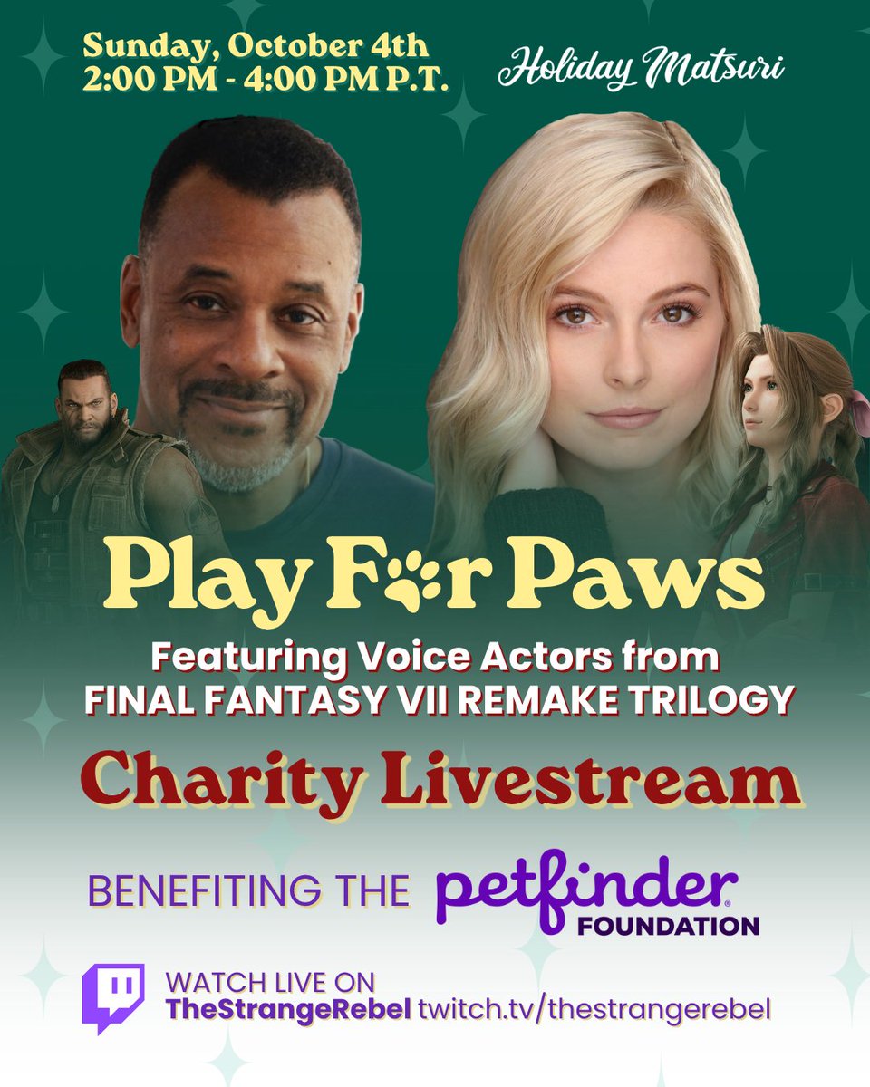 geoffstop's tweet photo. HELP GIVE ANIMALS A LOVING HOME!! ♥

Been working w/ Briana White &amp; John Eric Bentley (VAs for Aerith &amp; Barret) to produce a fun livestream to help raise money for @petfinder!

There'll be more FF7R guests showing up to the event &amp; we'll drop MORE Holmat guests on 10/4 @ 2PM PT! https://t.co/vAkQscSqMQ