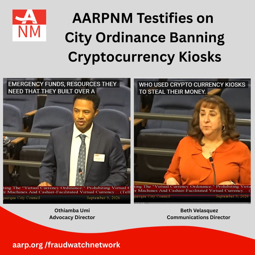 AARPNM's tweet photo. AARPNM Staff testified before the Albuquerque City Council on the “Virtual Currency Ordinance,” sponsored by Councilors Stephanie Telles and Tammy Fiebelkorn, banning cryptocurrency Kiosks/ATMs in city limits. The Council passed the bill. @TammyFiebelkorn @StephanieforABQ https://t.co/yrMoYVbDIy