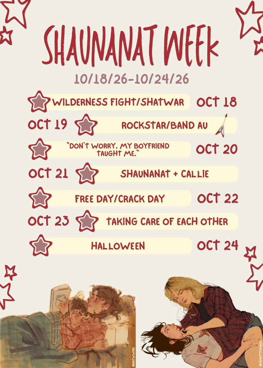 yjshipweeks's tweet photo. SHAUNANAT WEEK 2026 🐝🖤

who’s ready for shaunanat week (oct 18-24)⁉️ remember that the prompts are NOT strict, u can follow all of them or none of them, they’re simply ideas! the point of the week is just to do something shaunanat!!

(more info below) https://t.co/kLTGK0nga2