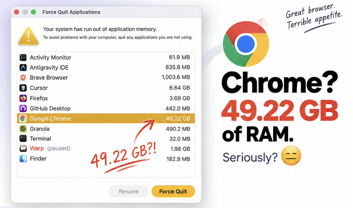 root_rao's tweet photo. 49.22 GB RAM. 💀

@googlechrome  seriously?
I think it’s time to shift to Firefox completely  🦊 https://t.co/Qqte48KAQc