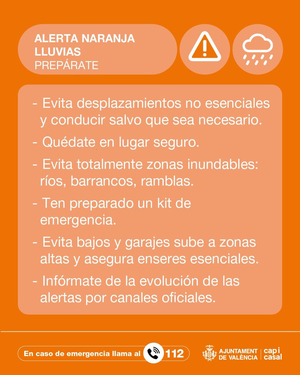 AjuntamentVLC's tweet photo. ➡️ @GVA112 activa la preemergencia hidrológica de nivel amarillo 🟡 en la zona del Carraixet-Calderona, afectando a las pedanías norte; y en Poyo, Saleta y bajo Turia, afectando a pedanías sur de #València. 

Activamos las medidas previstas y reforzamos la coordinación de todos los servicios municipales ante la evolución de la situación, entre ellos, @policialocalvlc y @bomberosvlc

Atención a la información oficial y máxima precaución. Aquí los consejos 👇🏻