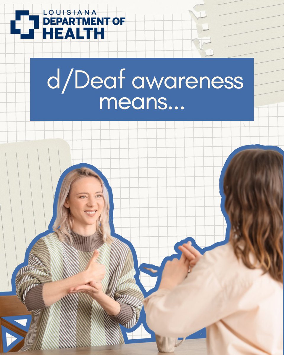 LADeptHealth's tweet photo. September is Deaf Awareness Month!

The Louisiana Commission for the Deaf helps connect d/Deaf, Deafblind, and hard-of-hearing Louisianians with accommodations, services, and resources that support independence.

Learn more about LCD here: https://t.co/kZ3UJWGMly https://t.co/h5QPMRhqy0