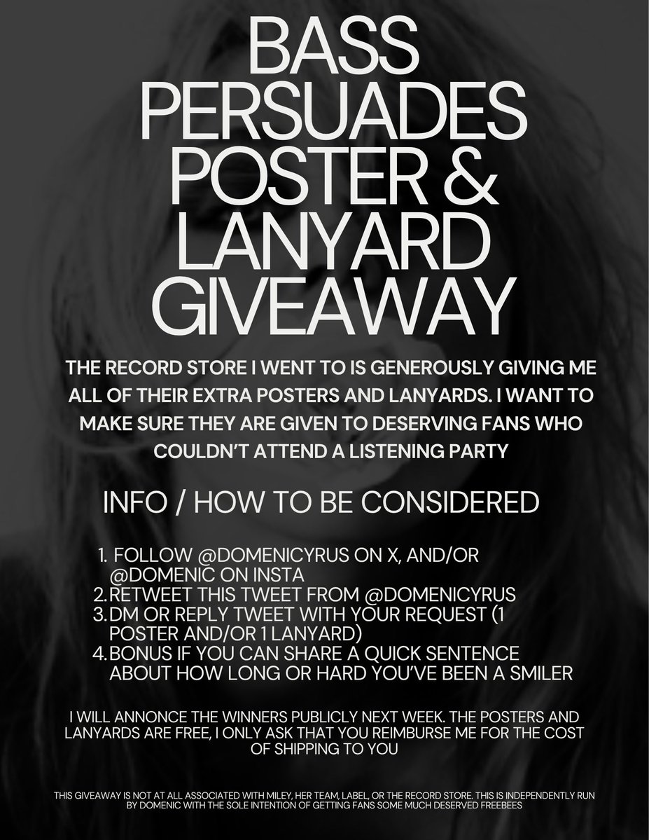 domenicyrus's tweet photo. BASS PERSUADES POSTER AND LANYARD GIVEAWAY!

I spoke to the record store today and they are giving me even more extras. I’ll pick them up this weekend. Please read below to be considered.

xx domenic https://t.co/TDfFxJyOEl