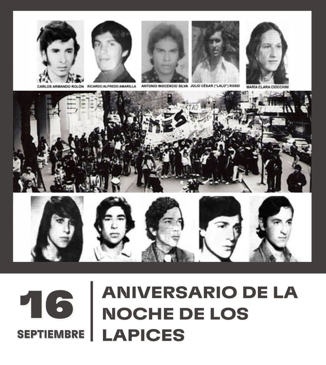 GastonOrtegaOk's tweet photo. Se cumplen 50 años de La Noche de los Lápices, el trágico operativo de secuestros y desapariciones forzadas de estudiantes secundarios ocurrido el 16 de septiembre de 1976 en la ciudad de La Plata
#NocheDeLosLapices 
#16S 
#NuncaMas 
#Lapices 
#Argentina 
#DemocraciaPorSiempre https://t.co/QKgmFafWFD