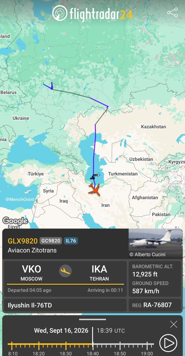 MenchOsint's tweet photo. ✈️ Russian Il-76TD Cargo plane from Moscow lands in Tehran, Iran. https://t.co/NHFqhuRujW