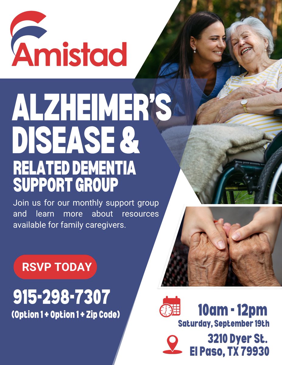 AmistadElPaso's tweet photo. Don't forget about out monthly caregiver support group!
Join us this Saturday to learn about local resources that can assist caregivers providing care to family members recently diagnosed with Alzheimer's.
#elpaso #amistad #caregiver #supportgroup https://t.co/wlwsO9bnlX