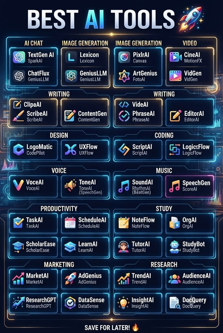 Tushersm4p's tweet photo. 🚀 Level up your productivity with these powerful AI tools! From chat and image generation to coding, design, research, and marketing, there's an AI for almost everything. 🤖 Save this list and discover your next favorite tool! 🔥 https://t.co/uVPhY3Kk7T