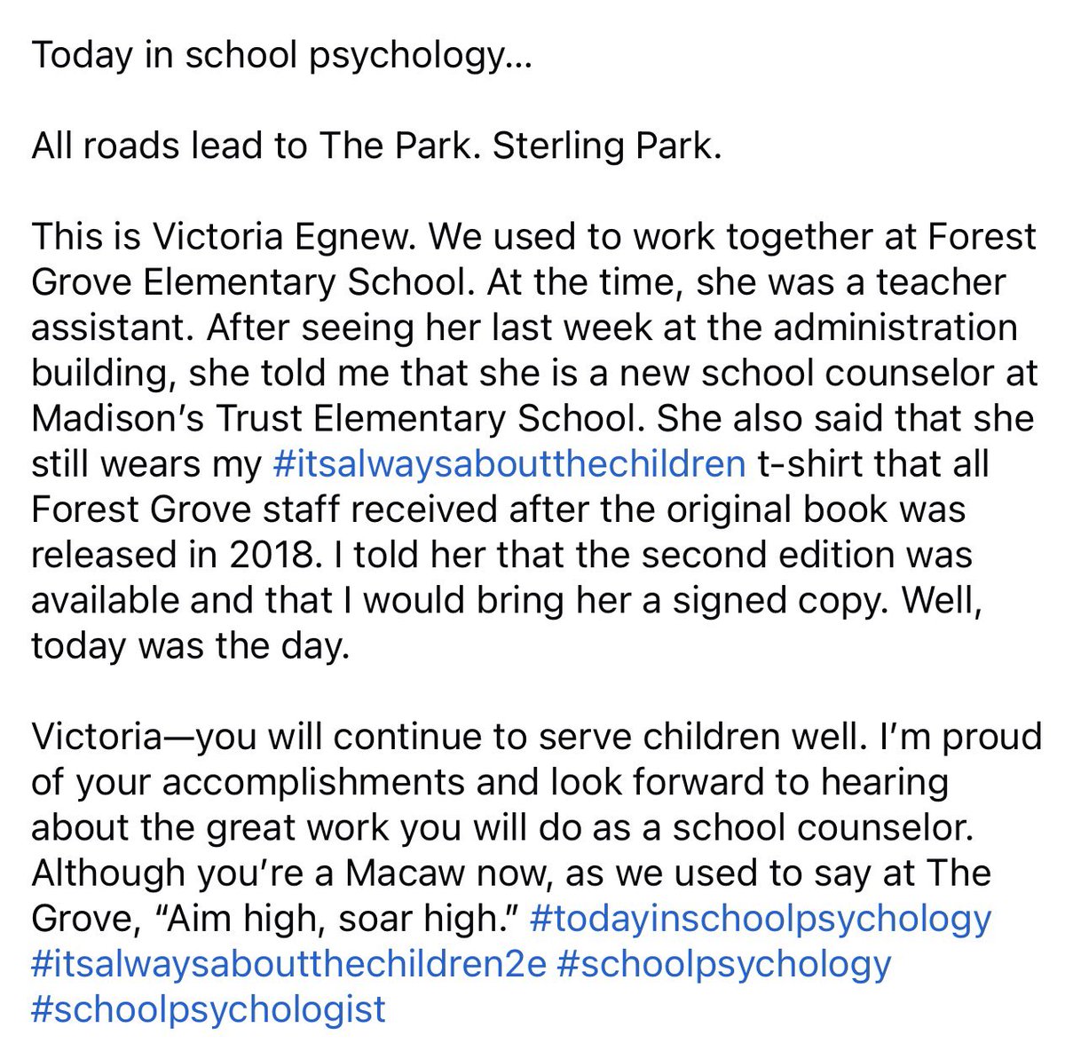 _charlesbarrett's tweet photo. Victoria—you will continue to serve children well. I’m proud of your accomplishments and look forward to hearing about the great work you will do as a school counselor. Although you’re a Macaw now, as we used to say at The Grove, “Aim high, soar high.” #itsalwaysaboutthechildren2 https://t.co/NLyyVeSQRz