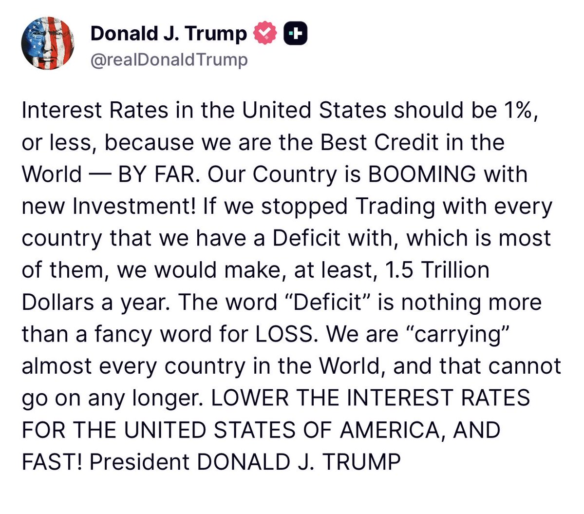 MAGAVoice's tweet photo. 🚨 Trump just SLAMMED the Federal Reserve

I ABSOLUTELY AGREE. WE SHOULD BE AT 1%

WE ARE THE HOTTEST COUNTRY ON EARTH https://t.co/CoRsxPH4Nf