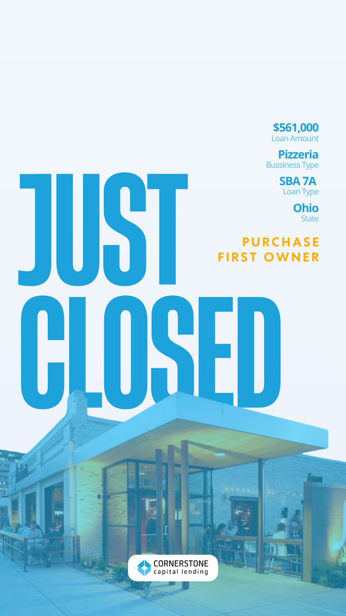 csclending's tweet photo. First-time restaurant owner. Ohio pizzeria. Closing costs built into the loan. ๐โ
๐ https://t.co/cMa7mxPwRW
#SBA7A #JustClosed #FirstTimeBuyer https://t.co/Kt9ETQAfrk