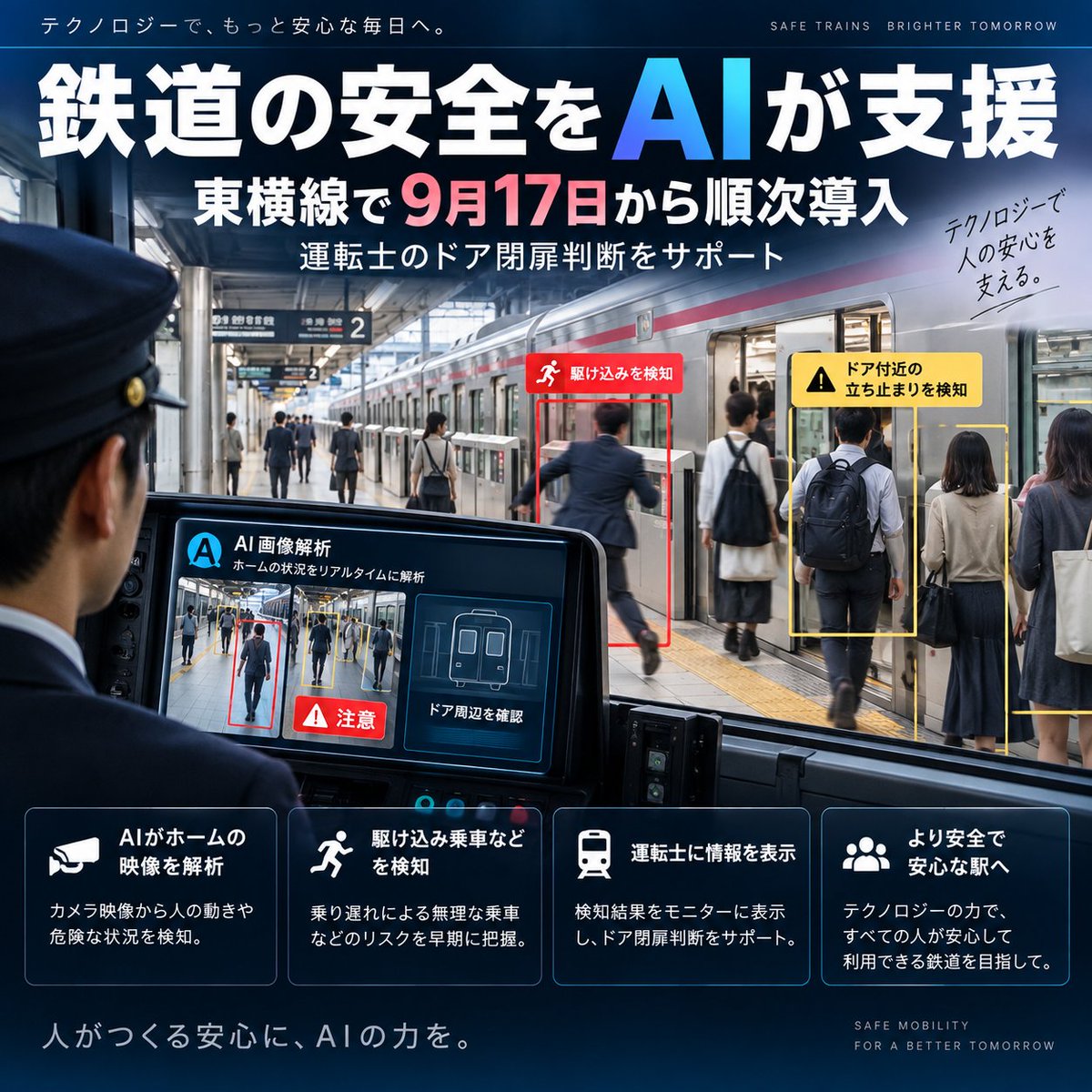 gators8486's tweet photo. 鉄道の安全にもAIが本格導入へ🚃

今日9月17日から、東急東横線で
「AIが運転士のドア閉扉判断を支援するシステム」が順次導入されます。

ホームのカメラ映像をAIが解析し、駆け込み乗車などを検知。
その情報を運転士に表示して、安全確認をサポートします。

AIは文章や画像を作るだけでなく、こうした「事故を防ぐための技術」にも着実に広がっています。

#AI #人工知能 #東横線 #鉄道 #テクノロジー #安全対策