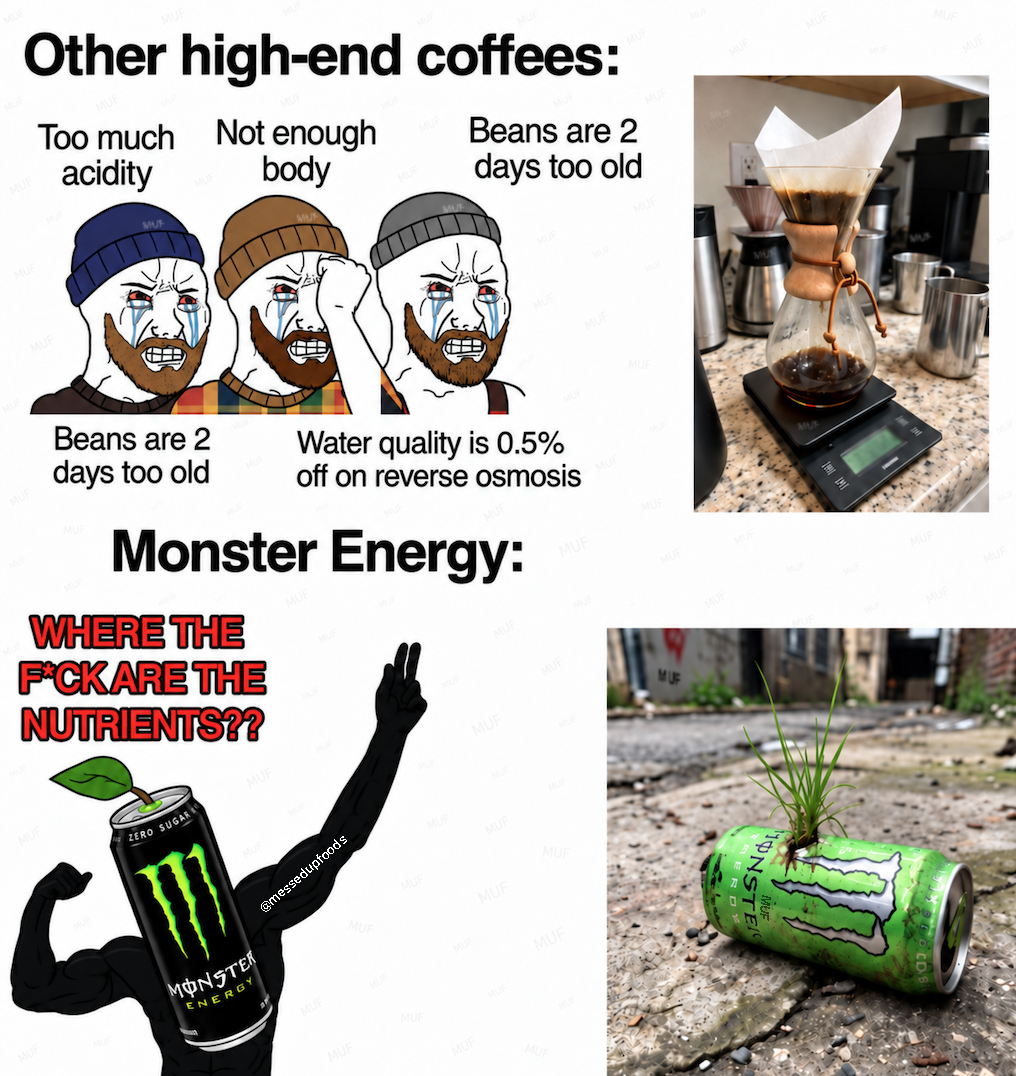 messedupfoods's tweet photo. Monster Energy vs Coffee Enthusiast https://t.co/WPpcy4uK20