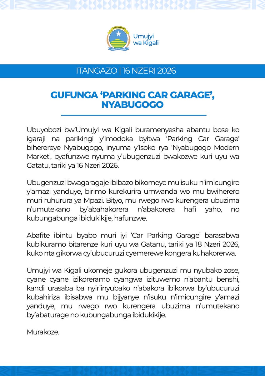 EmmaClaudine's tweet photo. ITANGAZO – Gufunga ‘Parking Car Garage’, Nyabugogo
➖➖➖
PUBLIC NOTICE - Closure of ‘Parking Car Garage’ - Nyabugogo
➖➖➖
COMMUNIQUÉ – Fermeture du « Parking Car Garage » de Nyabugogo https://t.co/4vJ6FgpQqB