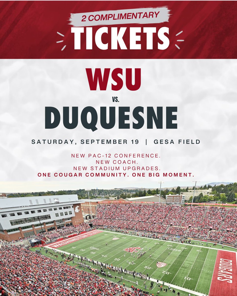 CougsFirst's tweet photo. Need tickets to this weekend's game? 👀🏈 Thanks to Washington State University and Washington State University Athletics, CougsFirst! members can claim TWO complimentary tickets to this Saturday’s home opener against Duquesne! Claim your tickets: https://t.co/xqkqNq4hDk https://t.co/7J33egpBZP